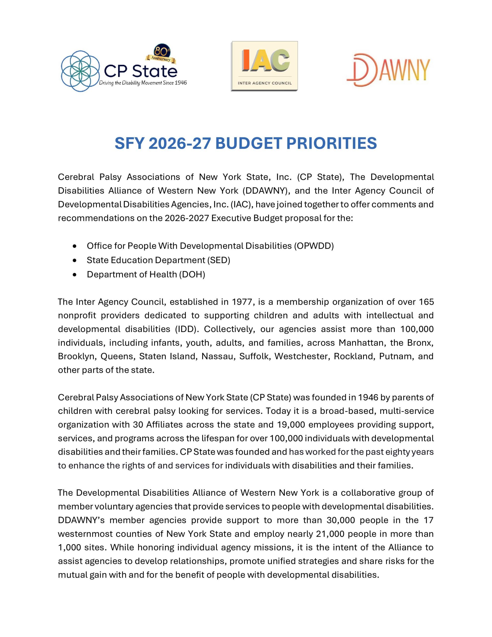 SFY27 CP State - IAC - DDAWNY Budget Priorities - 6FEB2026 - Page 1